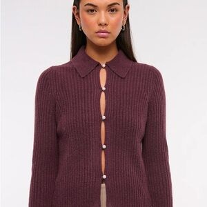 Abercrombie & Fitch Pearl Button Ribbed Cardigan Maroon XXS